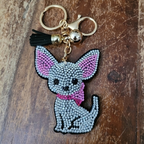 Chihuahua Dog Crystal Rhinestone Keychain Bag Charm With Black Tassel - Picture 7 of 17